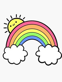 a drawing of a rainbow with clouds and sun in the sky on a white background