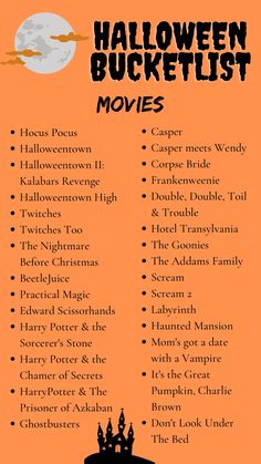 an orange halloween bucket list with the words, movies and other things to do on it