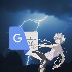 a man kicking a soccer ball in front of a lightning storm with the google logo above him