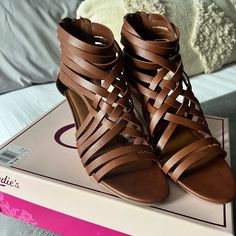 Never Worn, New With Tags. Strappy Sandal With Low Heel. Brown Strappy Synthetic Wedge Sandals, Candies Shoes, Strappy Sandals, Low Heels, Women's Shoes Sandals, Shoes Sandals, Size 7, Women Shoes, Sandals