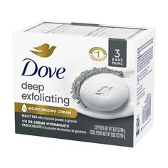 Reveal smoother, more radiant skin with Dove Deep Exfoliating Beauty Bar Soap. This 3-pack of beauty bars is specially designed to gently remove dull, lifeless skin and promote healthy, soft, and glowing skin. Each bar is enriched with Dove's classic 1/4 moisturizing cream and infused with exfoliating charcoal powder, providing the dual benefit of exfoliation while also deeply hydrating the skin.  With each use, you'll enjoy the creamy lather that not only cleanses but also leaves your skin feeling refreshed and rejuvenated. The exfoliating particles are crafted to be gentle enough for daily use on both the face and body, making this beauty bar a versatile addition to your skincare routine.  The Dove Deep Exfoliating Beauty Bar is dermatologist recommended and suitable for all skin types. Dove Bar Soap, Dove Soap, Charcoal Powder, The Dove, Moisturizing Cream, Dermatologist Recommended, Beauty Body, Beauty Bar, Radiant Skin