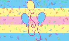 an image of balloons and confetti on a blue, yellow and pink striped background