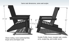 an image of two adiron chairs with measurements for each seat and the other side