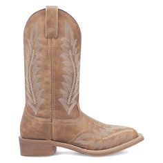 Make a stylish statement with the Cheyenne boot in tan. This 11-inch boot features a comfortable removable orthotic, a broad square toe, a stockman heel, and cowboy-approved rubber for long-term durability. Color: Brown.  Gender: female.  Age Group: adult.  Pattern: embroidered. Womens Square Toe Boots, Cowboy Casual, Tan Shoes, Square Toe Boots, Calf Boots, Mid Calf Boots, Mid Calf, Gender Female, Womens Boots