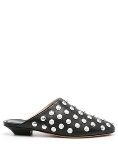 black calf leather grained texture mirrored stud embellishment almond toe slip-on style branded leather insole suede lining low stacked heel leather sole Leather Slippers, Leather Cap, Studded Leather, Leather Mules, Sneaker Heels, Leather Flats, Small Leather Goods, Leather Jewelry, Mules Shoes