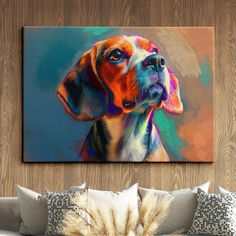 a painting of a dog on a wall above a couch