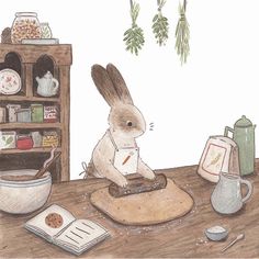 a drawing of a rabbit sitting at a table