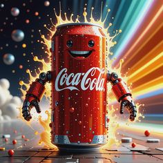 a coca - cola can with its arms and legs in the air, surrounded by bubbles