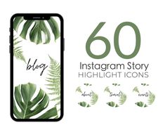 an iphone with the text, 60 instagram story highlight icons and palm leaves on it