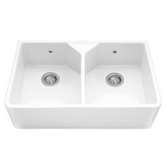 a white double bowl sink with two faucets in the center and one side