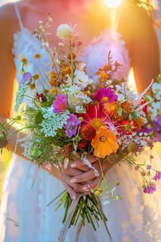 a woman holding a bouquet of flowers in her hands with the sun shining behind her