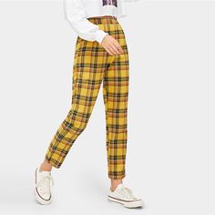 FREE SHIPPING Trends Plaid Pants JKP1392 Casual Straight Leggings With Elastic Waistband, Casual Cotton Straight Leg Leggings, Casual Straight Leg Cotton Leggings, Casual High-waisted Leggings With Pockets, Yellow Tapered Leg Bottoms For Fall, Casual High Waist Leggings, Casual High Waist Cotton Leggings, Fall Casual Straight Leggings, Casual Straight Leggings For Fall