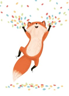 an illustration of a fox jumping in the air with confetti coming out of its mouth