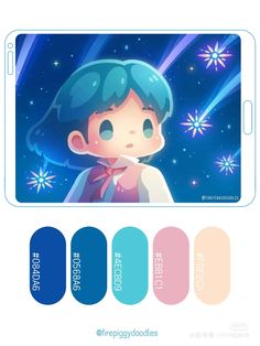 an anime character with blue hair and stars in the background, on a phone screen