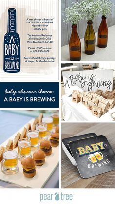 baby shower items, beer bottles, and signs are featured in this postcard for a baby is brewing event