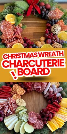 christmas wreath with charcuterie board on it and the words'christmas wreath'in red