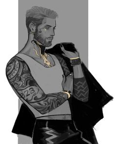 a drawing of a man with tattoos on his arm and chest, holding a jacket