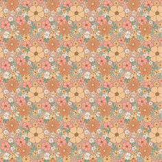 an orange and pink flowered pattern with many smaller flowers in the center, on a light brown background