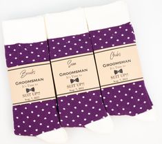 Plum/ deep purple groomsmen socks are perfect gift for your wedding party. These socks ensure the wedding party looks and feels their best while the colors match your wedding theme. With our personalized socks labels discover the fun way to propose your best man and groomsmen in style or simply make an elegant presentation as groomsmen gift. These socks and custom labels make an excellent gift for best man, groomsmen, bridesman, usher, officiant, flower dude, ring security, ring bearer, Page boy Egg Plant Color, Purple Groomsmen, Deep Purple Wedding, Groom Socks, Junior Groomsmen, Groomsmen Socks, Ring Security, Egg Plant, Purple Socks