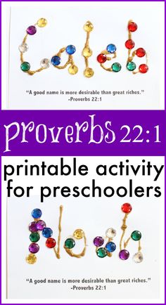 the words provers 22 printable activity for preschoolers are shown in purple and gold