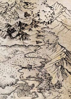 an ink drawing of mountains and rivers