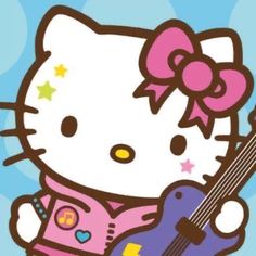 a hello kitty holding a guitar and wearing a pink outfit