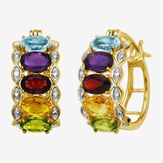 Captivating color! These gorgeous multi-gemstone hoop earrings glow with a vibrant rainbow of genuine sky blue topaz, amethyst, garnet, citrine and peridot stones.Stones: 6x4mm oval genuine sky blue topaz, amethyst, garnet, citrine and peridotOther Stones: Diamond accentsDimensions: 9.47x21.31mmGemstones may be treated and may require special care.Some diamonds may consist of fewer than 17 facets.Jewelry photos are enlarged to show detail.Features: Quick ShipSetting: ProngStone Cut: OvalEarring Multicolor Gemstone Accented Fine Jewelry Earrings, Multicolor Gemstone-accented Fine Jewelry Earrings, Multicolor Multi-stone Anniversary Earrings, Multicolor Multi-stone Earrings For Anniversary, Anniversary Multicolor Multi-stone Earrings, Elegant Rainbow Hoop Earrings, Multi-stone Hoop Earrings For Anniversary, Oval Multicolor Earrings For Anniversary, Multicolor Oval Earrings For Anniversary