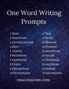 the one word writing prompts list is shown in front of a night sky background