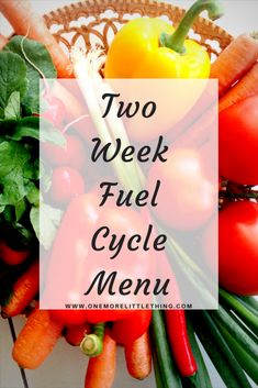 two week fuel cycle menu with vegetables in the middle and text overlay that reads, two week fuel cycle menu