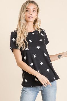 Star Print Top in Black and White French Terry Fabric Model Is Wearing Size Small Black And White French, White French, Terry Fabric, Stars At Night, French Terry Fabric, Girls Night Out, Star Print, Print Top, Girls Night