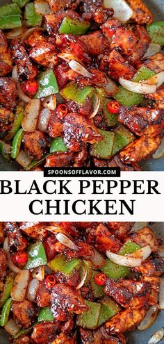 black pepper chicken in a skillet with onions and peppers