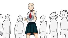 an anime character standing in front of a group of people with their hands on their chins