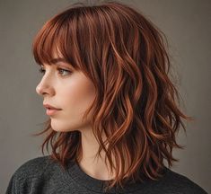 Shaggy Lob Curtain Bangs, Long Bob Haircut With Layers And Bangs, Shaggy Haircut Bangs, Shag With Bangs Over 40, Shaggy Lob With Curtain Bangs, Medium Layered Bob With Bangs, Auburn Lob With Bangs, Medium Shaggy Bob With Bangs, Red Shag Haircut Medium