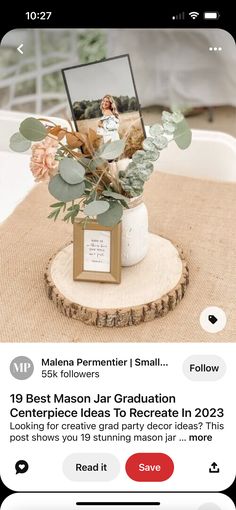 an instagram page with flowers in a vase on top of a wooden slice and the caption reads, grab party centerpieces view share your feed back