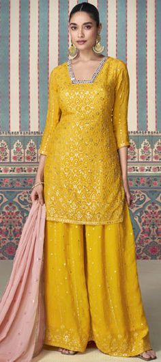 Yellow color Salwar Kameez in Silk fabric with Embroidered, Sequence, Thread work Plazzo Suits, Lehenga Suit, Suits Online Shopping, Palazzo Suit, Sharara Suit, Designer Salwar Suits, Salwar Kameez Designs, Traditional Sarees, Embroidery Work