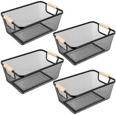 three black mesh baskets with wooden handles