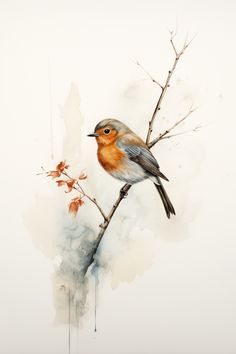 a watercolor painting of a bird sitting on a tree branch with red flowers in the foreground