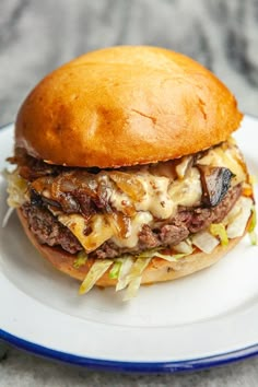 a hamburger with cheese and onions on a plate