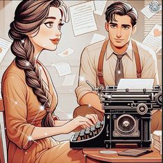 a man and woman sitting at a table with an old fashioned typewriter