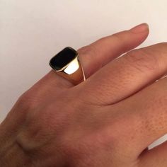 "Signet ring with Black square Onyx Seal Suitable for women and men Made of 24K gold plated over sterling silver and onyx stone Please note in the \"notes to seller\" at checkout. your ring size The product will arrive to you packed in gift box and padded envelope to maintain the product Our jewelry are water resistant and comes with 1 year warranty to view this ring in silver : https://www.etsy.com/il-en/listing/254568861/signet-ring-women-ring-men-ring-pinky?ref=shop_home_active_5 Thank you fo Versace Ring Mens, Black Onyx Ring Gold, Mens Gold Ring, Mens Chains, Versace Ring, Mens White Gold Rings, Mens Ring Designs, Pinky Finger, Signet Rings Women