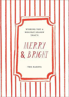 a red and white striped christmas card with the words merry and bright