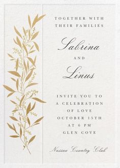 a wedding card with gold leaves on it