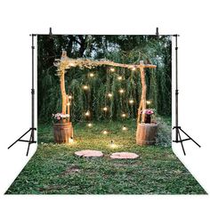 an outdoor photo shoot with lights on the grass