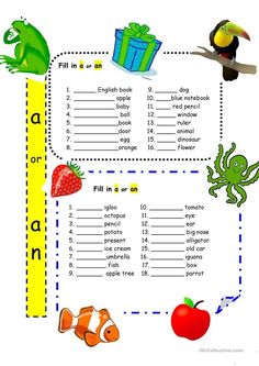 an english worksheet with pictures of animals, birds and gifts on it's side