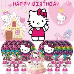 hello kitty birthday party supplies including cake, cupcakes and decorations