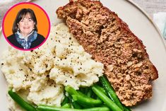 a white plate topped with meat, mashed potatoes and green beans next to a smiling woman