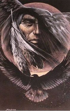 an image of a native american man with feathers on his head and shoulders, looking to the side