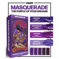 Introducing Masquerade, the newest addition to the Danger Jones Semi-Permanent Collection, fulfilling the artist community's desire for a deep, warm purple. Developed in just six months, Masquerade boasts a vibrant, heavily pigmented formula with a base that leans towards red, setting it apart within the Danger Jones purple family. Here’s how you can achieve stunning results with this innovative color: Application Instructions: Preparation: Start with clean, dry hair for optimal color vibrancy. For best results, hair should be pre-lightened. Application: Section the hair into ¼ to ½ inch sections. Apply Masquerade evenly from roots to ends, ensuring thorough saturation. Processing: Allow the color to process at room temperature for 35 minutes. No additional heat is necessary. Rinsing: Thor Matrix Hair Color, Hair Glaze, Schwarzkopf Hair Color, Warm Purple, Wella Hair Color, Matrix Hair, Redken Shades