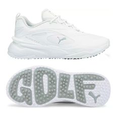 a pair of white shoes with the word golf written on it and an image of a shoe