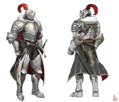 two different types of armor, one in white and the other in black with red hair